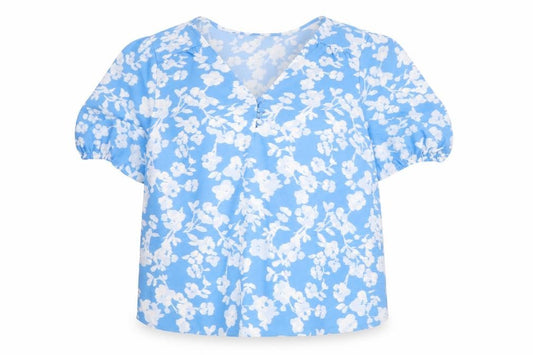 Marks and Spencer Women Blue Floral Size 10 Puff Sleeve V-Neck Blouse