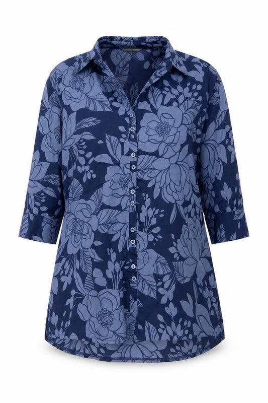 Marks & Spencer Women Blue UK 18 Floral Cotton Tunic Button-Up Blouse