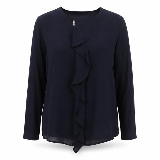 Mint Velvet Women Blue M Ruffle Zip V-Neck Long Sleeve Blouse