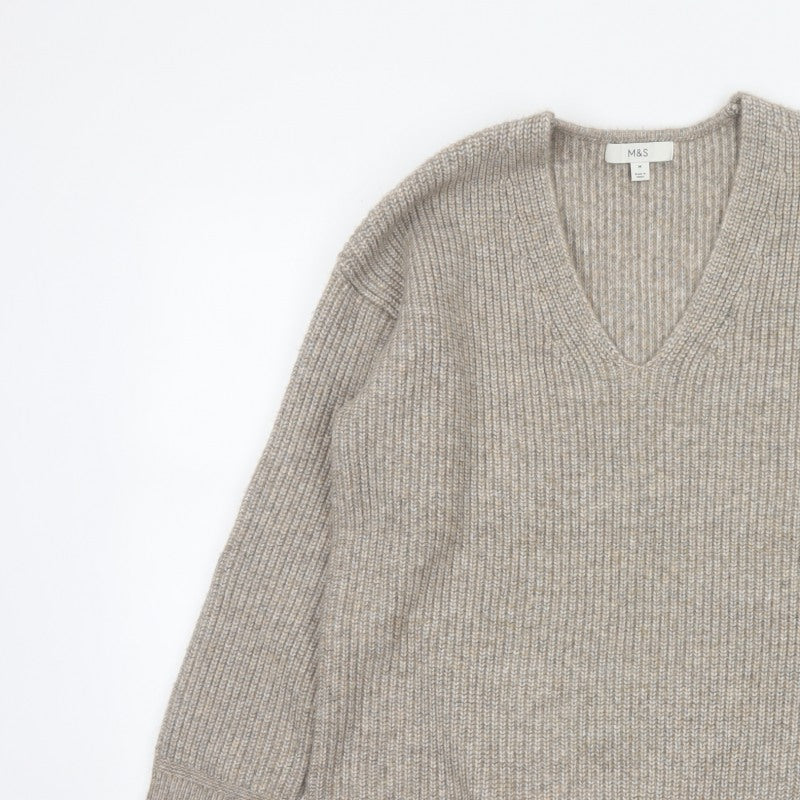 Marks and Spencer Women’s Beige M V-Neck Rib Knit Pullover Jumper