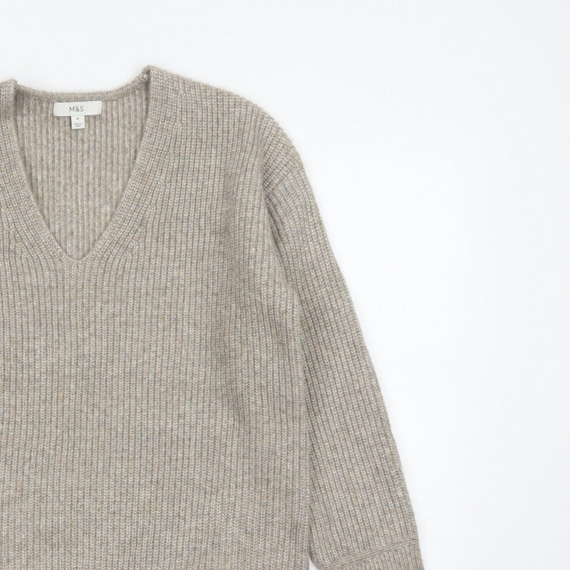 Marks and Spencer Women’s Beige M V-Neck Rib Knit Pullover Jumper