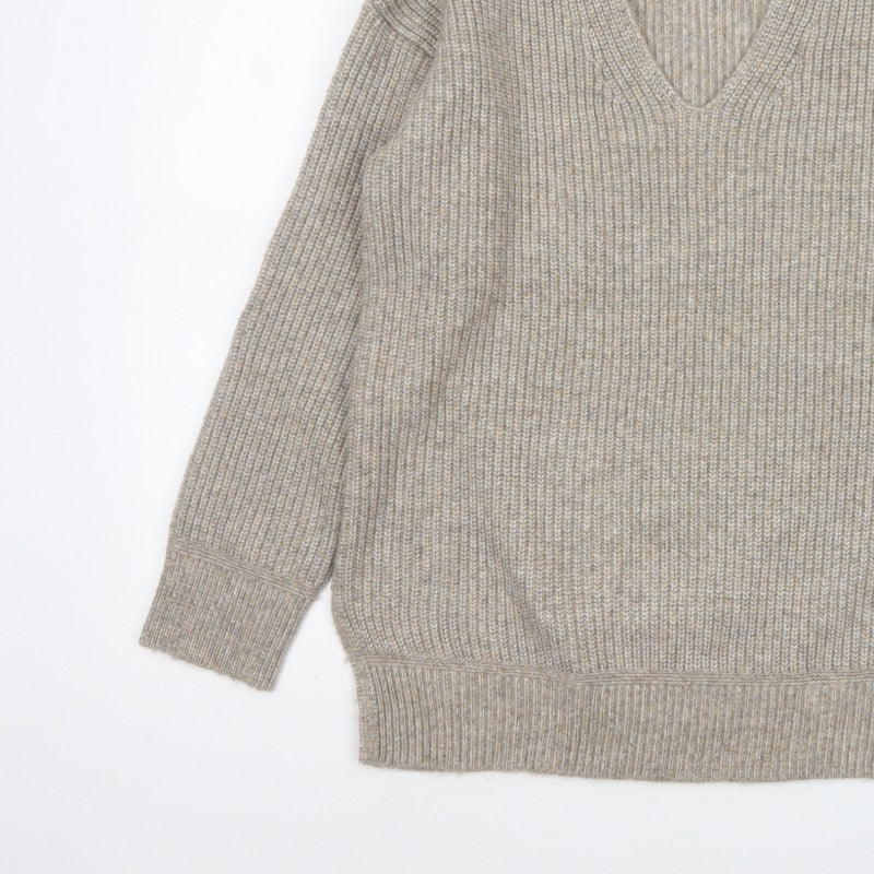 Marks and Spencer Women’s Beige M V-Neck Rib Knit Pullover Jumper