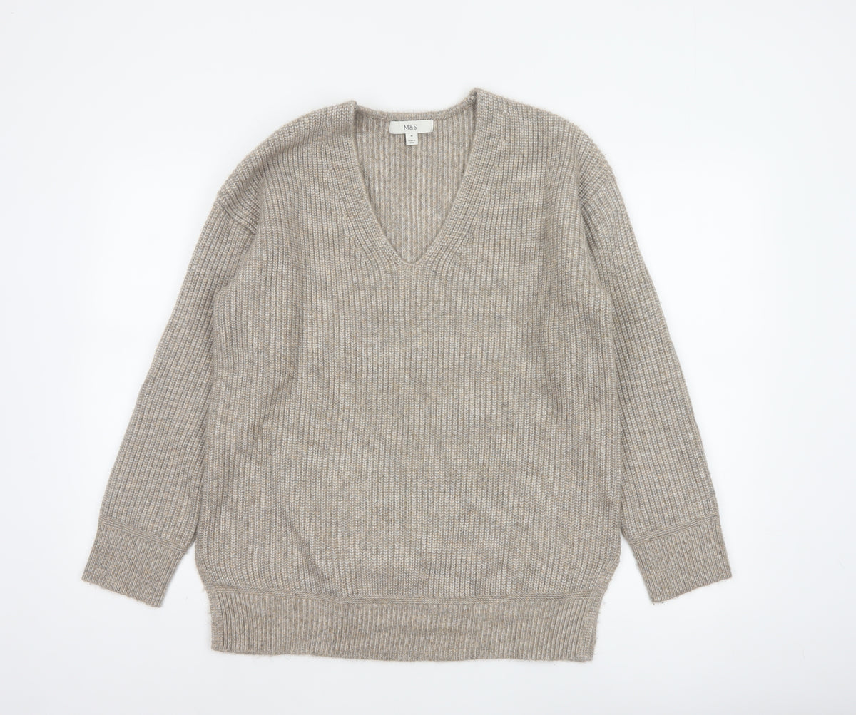 Marks and Spencer Women’s Beige M V-Neck Rib Knit Pullover Jumper