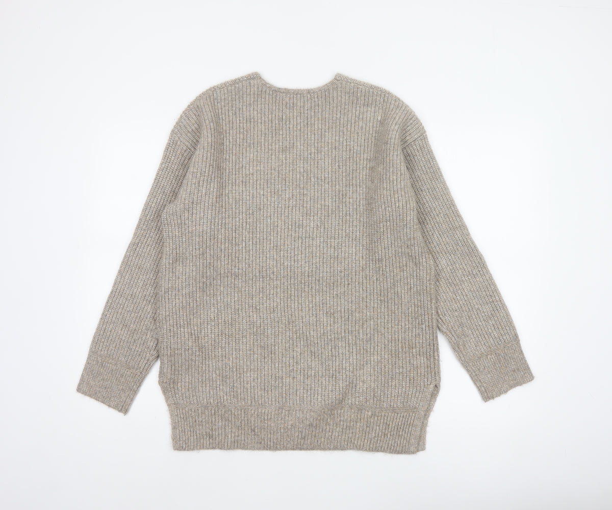 Marks and Spencer Women’s Beige M V-Neck Rib Knit Pullover Jumper