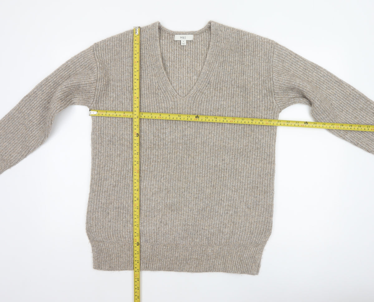 Marks and Spencer Women’s Beige M V-Neck Rib Knit Pullover Jumper