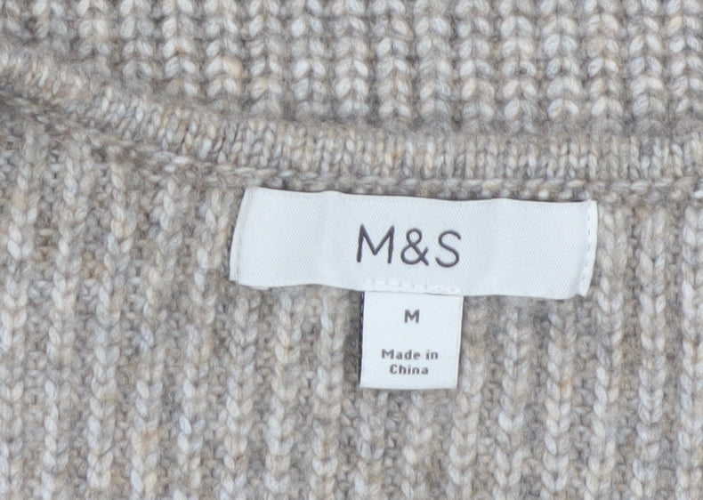 Marks and Spencer Women’s Beige M V-Neck Rib Knit Pullover Jumper