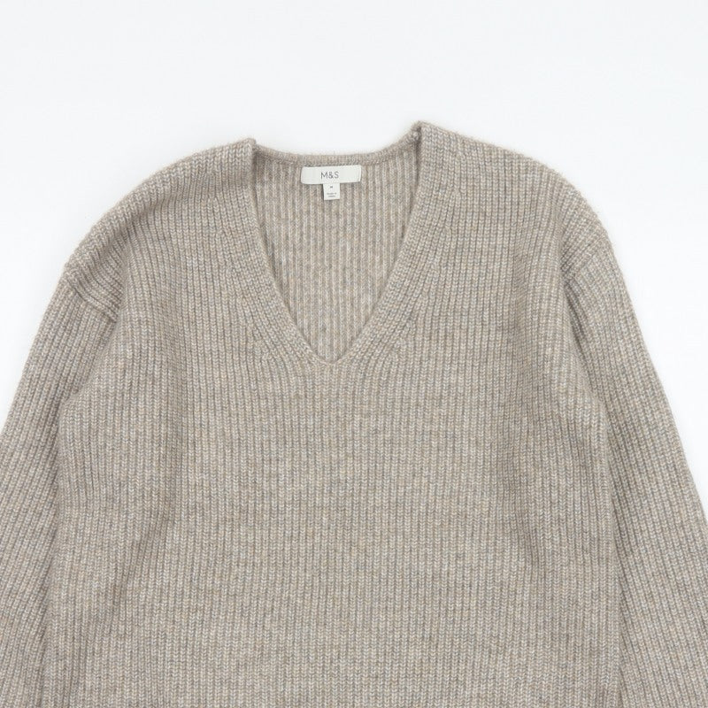 Marks and Spencer Women’s Beige M V-Neck Rib Knit Pullover Jumper