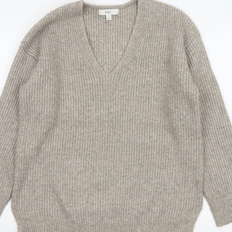 Marks and Spencer Women’s Beige M V-Neck Rib Knit Pullover Jumper