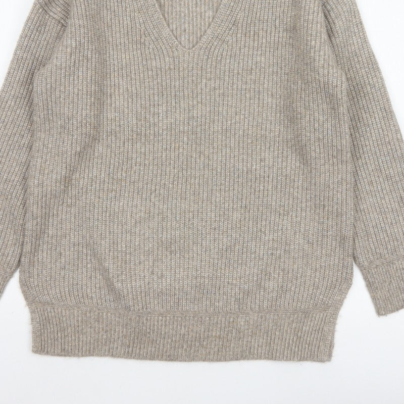 Marks and Spencer Women’s Beige M V-Neck Rib Knit Pullover Jumper