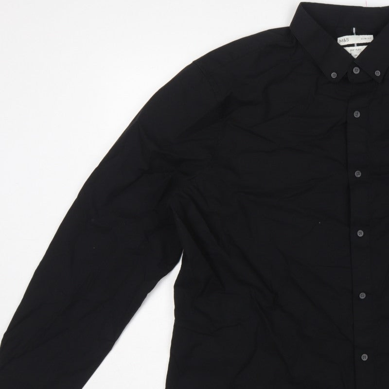 Marks & Spencer Men's Black 3XL Slim Fit 360 Flex Button-Down Shirt