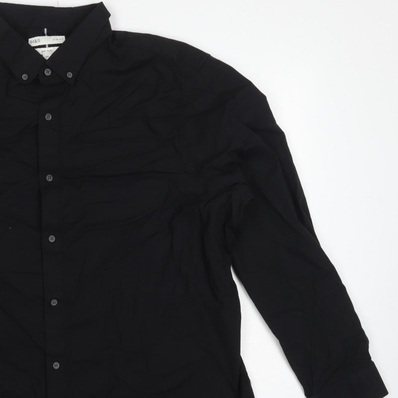 Marks & Spencer Men's Black 3XL Slim Fit 360 Flex Button-Down Shirt