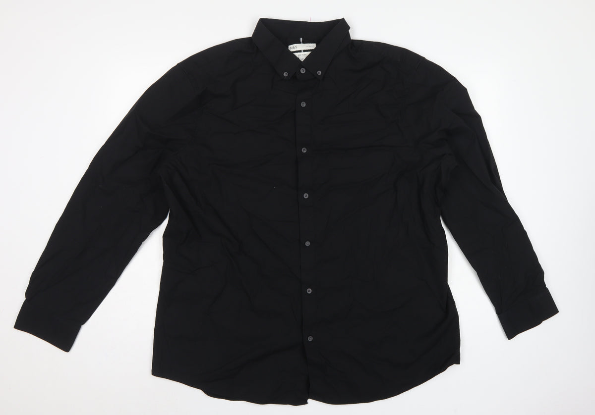 Marks & Spencer Men's Black 3XL Slim Fit 360 Flex Button-Down Shirt