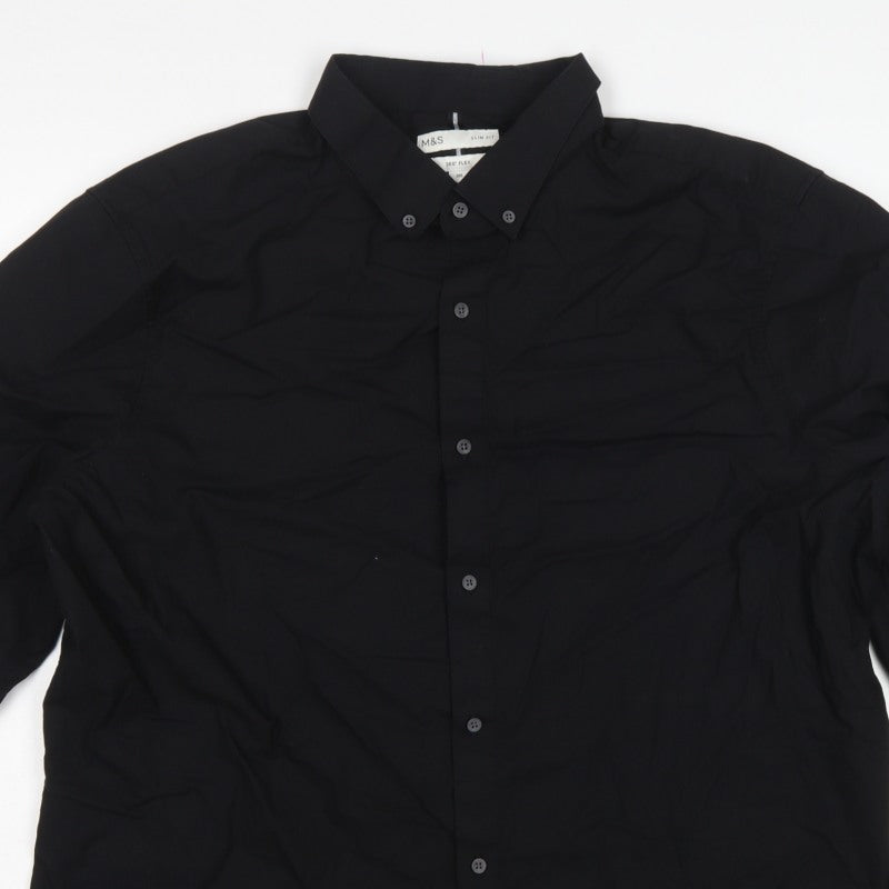 Marks & Spencer Men's Black 3XL Slim Fit 360 Flex Button-Down Shirt