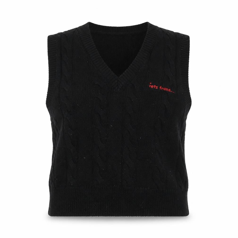 lets frans... Teens Black M Cable Knit V-Neck Sleeveless Jumper Vest
