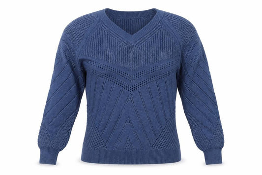 Marks and Spencer Women Blue M V-Neck Textured Knit Pullover Jumper