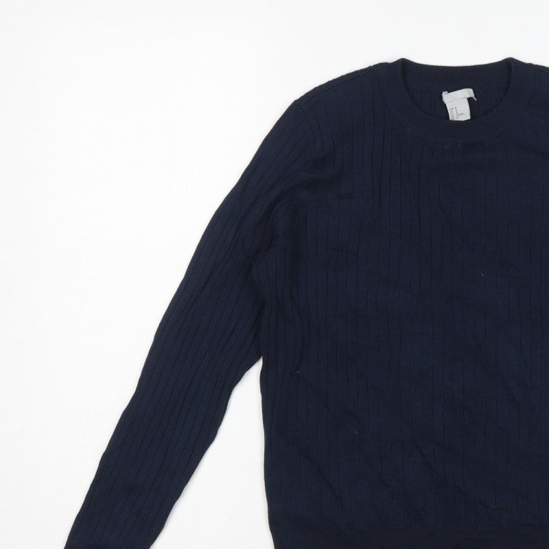 H&M Women Blue M Rib Knit Crew Neck Long Sleeve Pullover Jumper