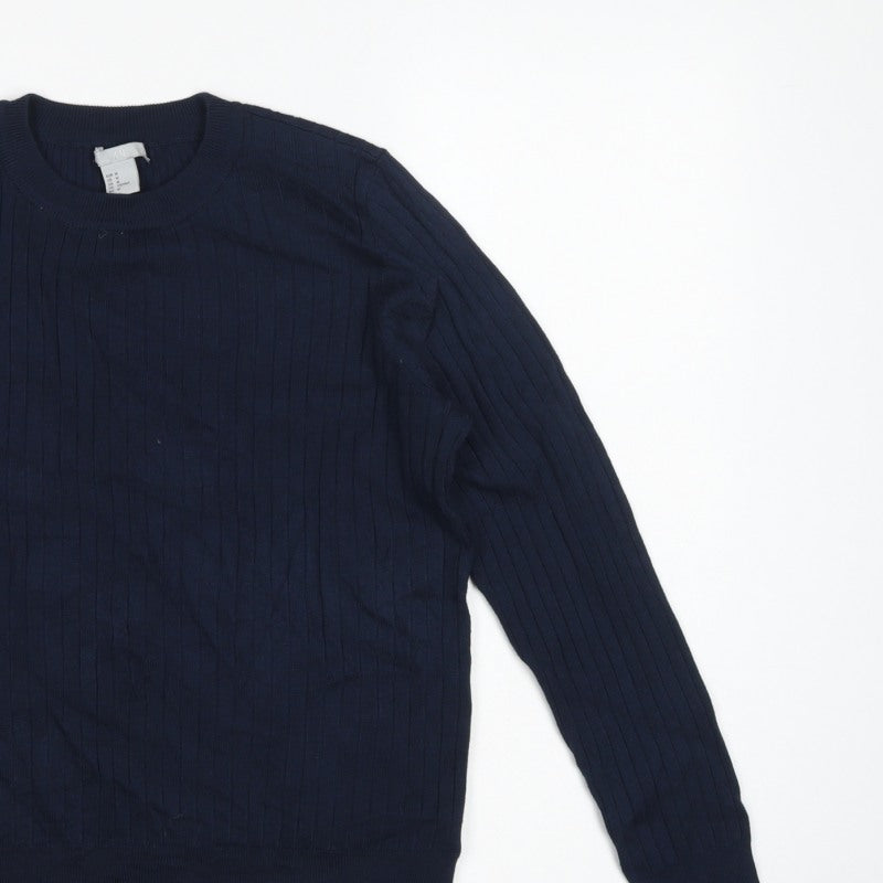 H&M Women Blue M Rib Knit Crew Neck Long Sleeve Pullover Jumper