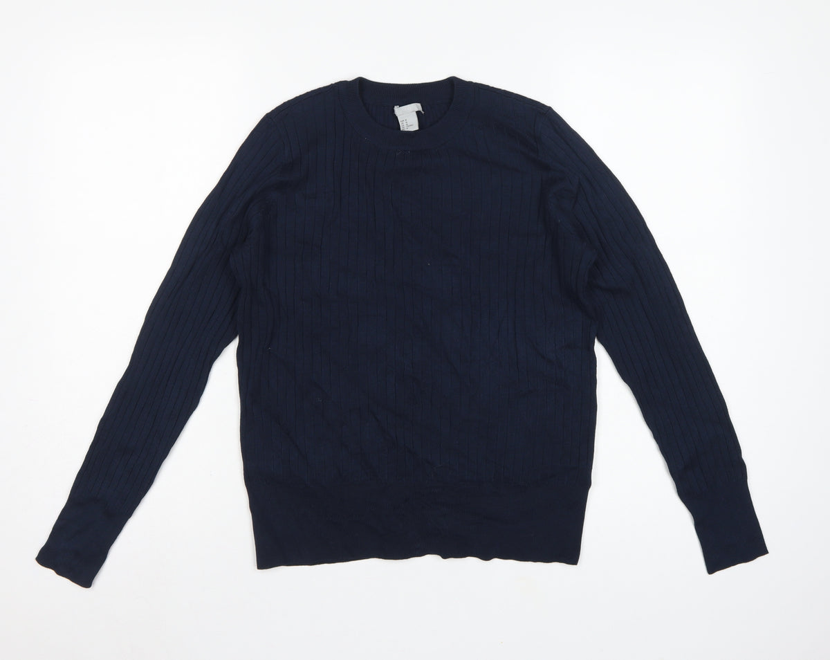 H&M Women Blue M Rib Knit Crew Neck Long Sleeve Pullover Jumper