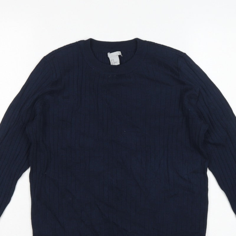 H&M Women Blue M Rib Knit Crew Neck Long Sleeve Pullover Jumper
