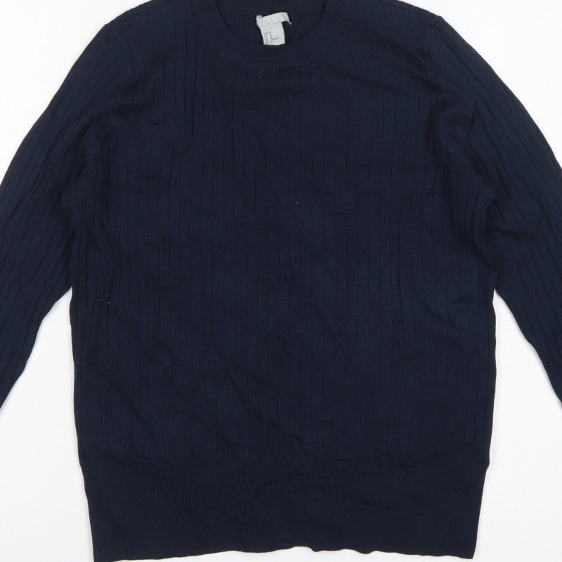 H&M Women Blue M Rib Knit Crew Neck Long Sleeve Pullover Jumper