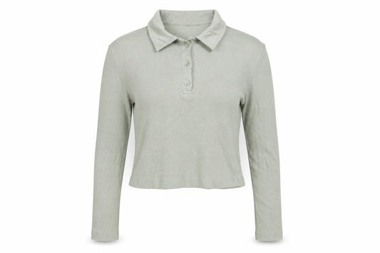 Weekday Women Green M Cropped Ribbed Long Sleeve Polo Top