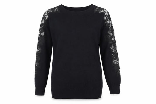 Warehouse Women Black UK 8 Lace Panel Crew Neck Knit Jumper