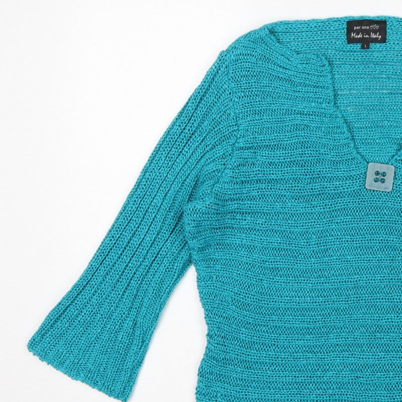 Per Una Women’s Blue L Chunky Knit V-Neck Button Pullover Jumper