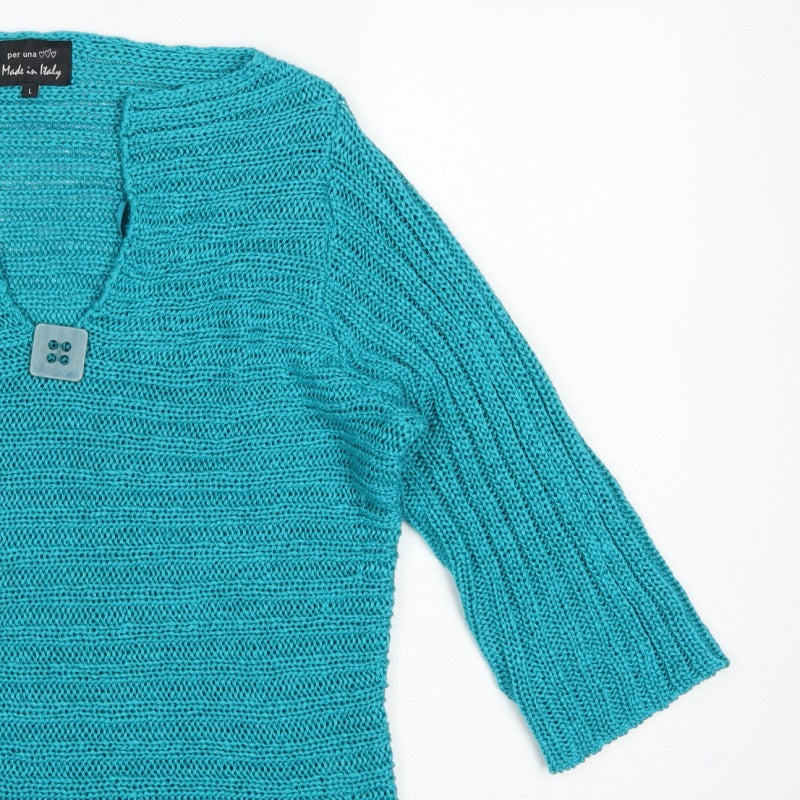 Per Una Women’s Blue L Chunky Knit V-Neck Button Pullover Jumper