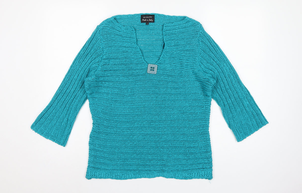 Per Una Women’s Blue L Chunky Knit V-Neck Button Pullover Jumper