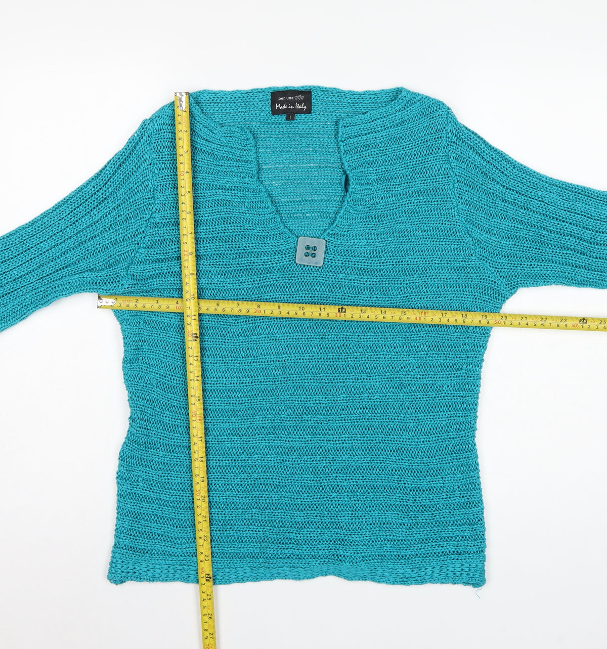 Per Una Women’s Blue L Chunky Knit V-Neck Button Pullover Jumper