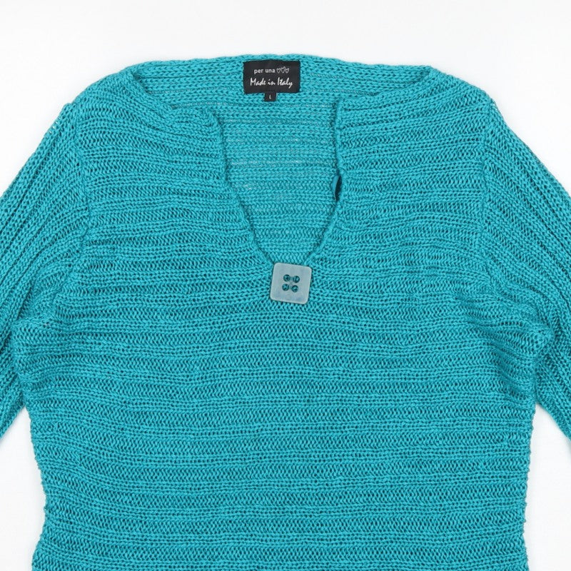 Per Una Women’s Blue L Chunky Knit V-Neck Button Pullover Jumper
