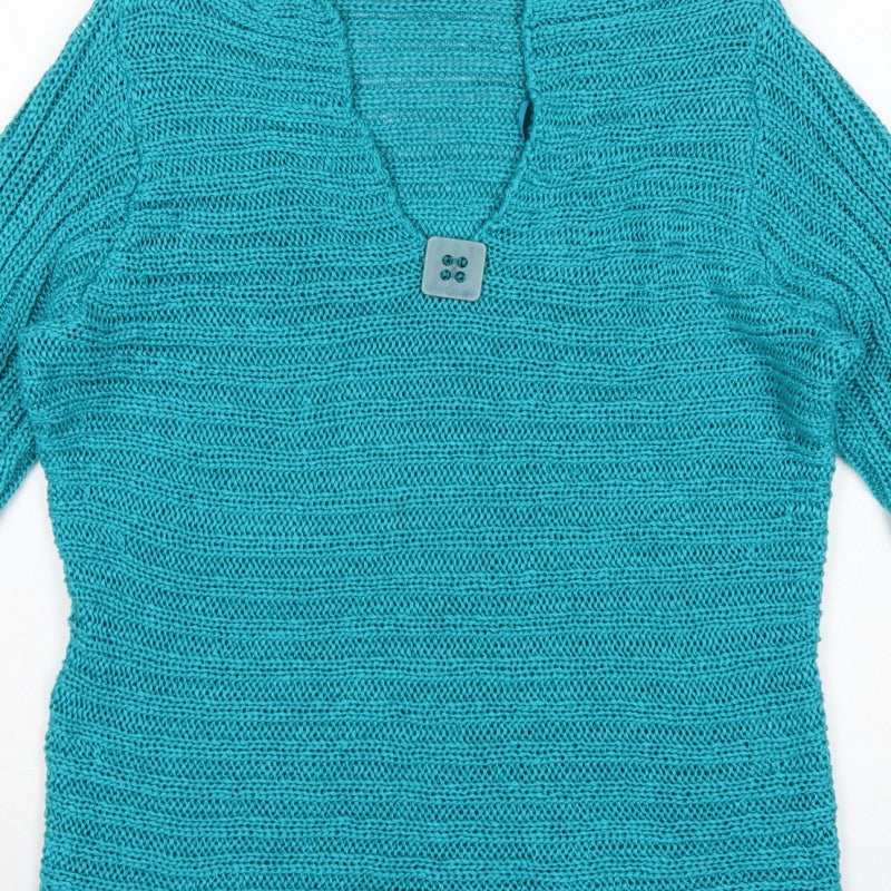 Per Una Women’s Blue L Chunky Knit V-Neck Button Pullover Jumper