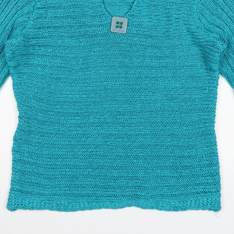 Per Una Women’s Blue L Chunky Knit V-Neck Button Pullover Jumper