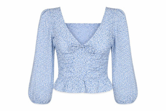 H&M Women Blue S Floral Square Neck Smocked Long Sleeve Blouse