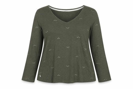 Joules Women's Green UK 14 Bee Embroidered V-Neck Long Sleeve T-Shirt