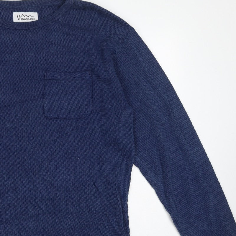 Manastash Men’s Blue XL Knit Pocket Crew Neck Pullover Sweatshirt