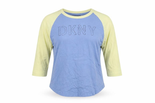 DKNY Jeans Women Blue Yellow M Ringer Raglan 3/4 Sleeve Cotton T-Shirt