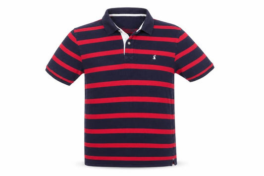Joules Men’s Navy Red Striped Cotton Polo Shirt L Logo Short Sleeve