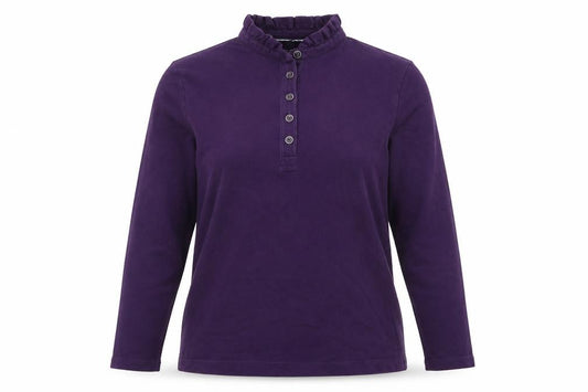 Lands' End Women Purple M Ruffle Collar Cotton Stretch Long Sleeve Polo