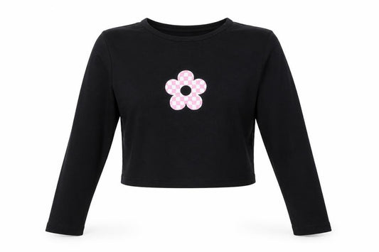 ASOS Design Women Black UK 14 Cropped Long Sleeve Check Flower T-Shirt