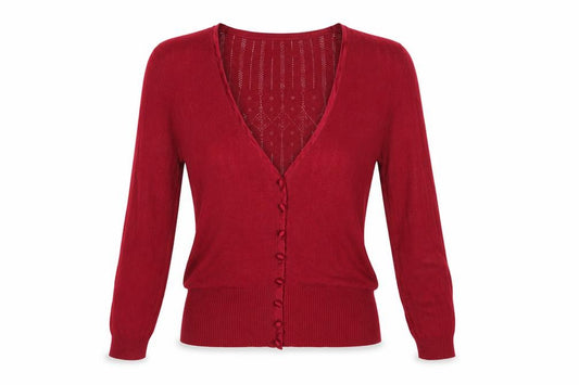 Laura Ashley Women Red UK 8 V-Neck Pointelle Knit Cardigan