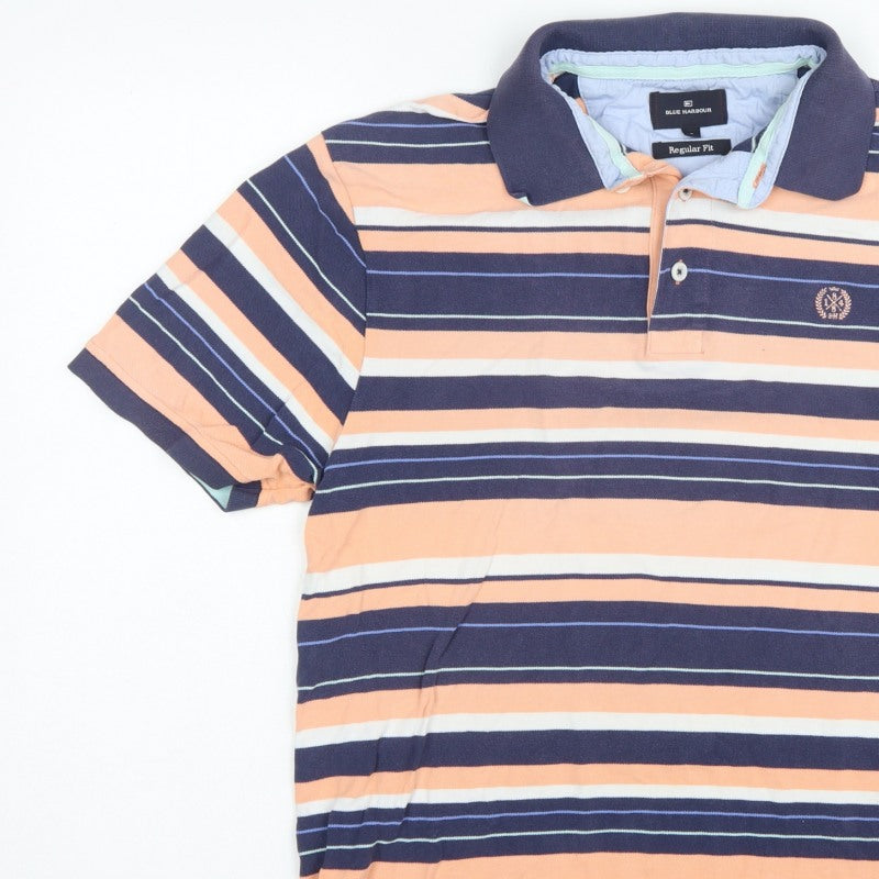 Marks & Spencer Blue Harbour Men's Orange Striped Polo Shirt L Regular