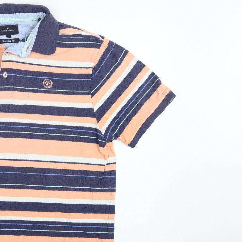 Marks & Spencer Blue Harbour Men's Orange Striped Polo Shirt L Regular