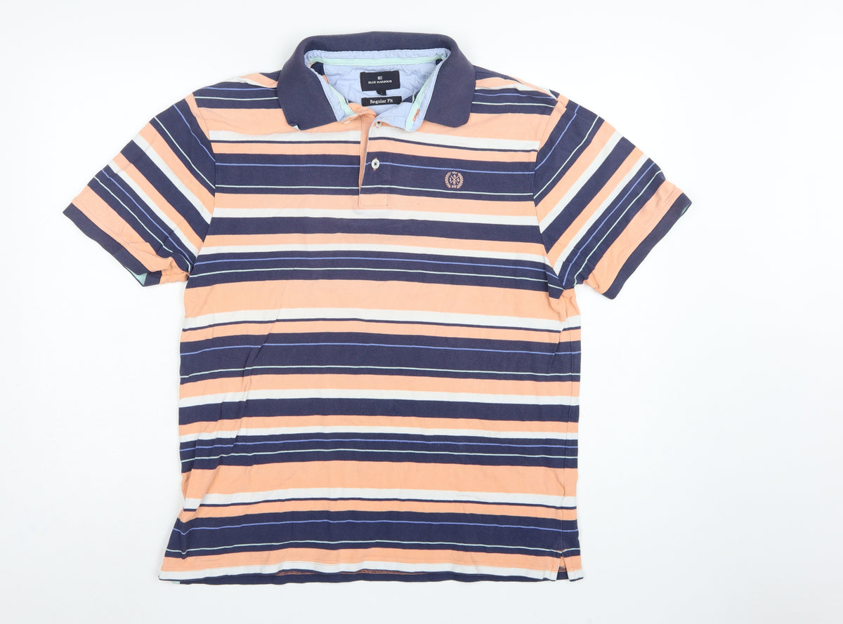 Marks & Spencer Blue Harbour Men's Orange Striped Polo Shirt L Regular