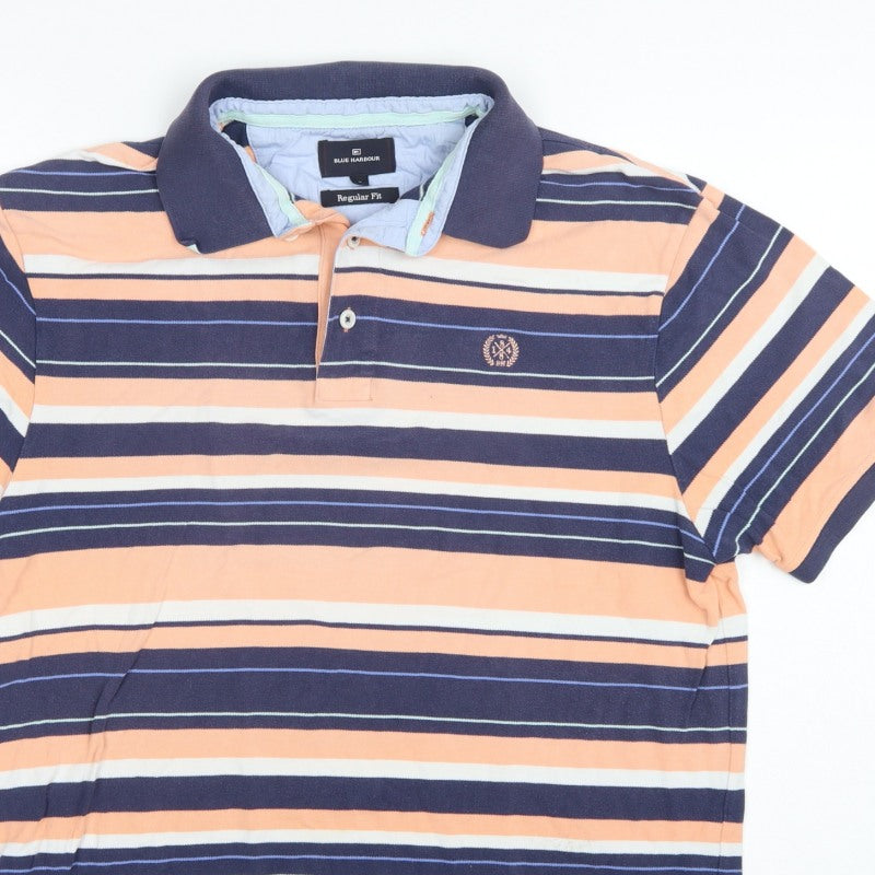 Marks & Spencer Blue Harbour Men's Orange Striped Polo Shirt L Regular