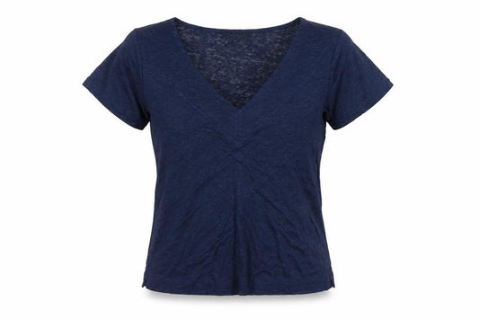 Jaeger Women Blue Small Linen Wrap V-Neck Short Sleeve T-Shirt