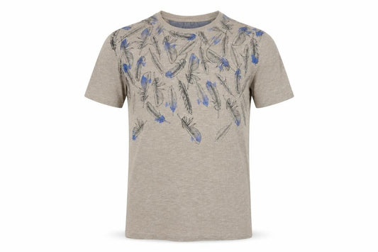 RJR John Rocha Men’s Beige Blue Feather Print Linen T-Shirt Size S