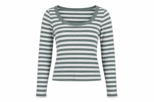 Hollister Women Green White Stripe Ribbed Long Sleeve Jersey T-Shirt S