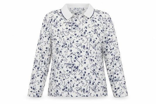 Lands' End Women White Blue Floral Cotton Long Sleeve Polo Top L