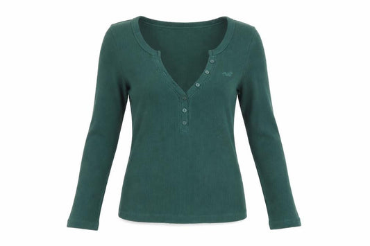 Hollister Women Green M Ribbed Henley Slim Long Sleeve Jersey Top